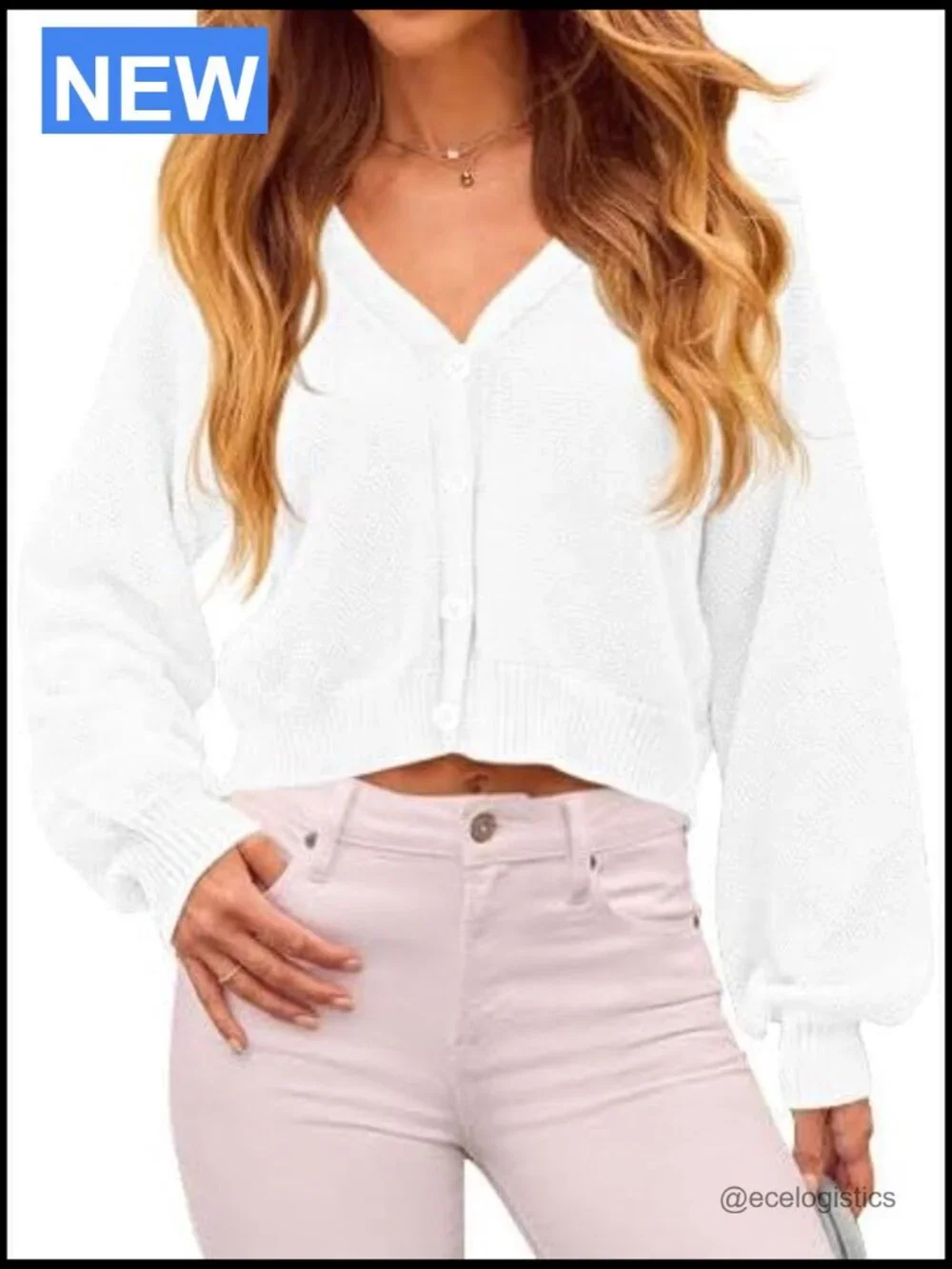 Womens Cropped Oversized Button Down Cardigan Long Sleeve Puff Sleeve